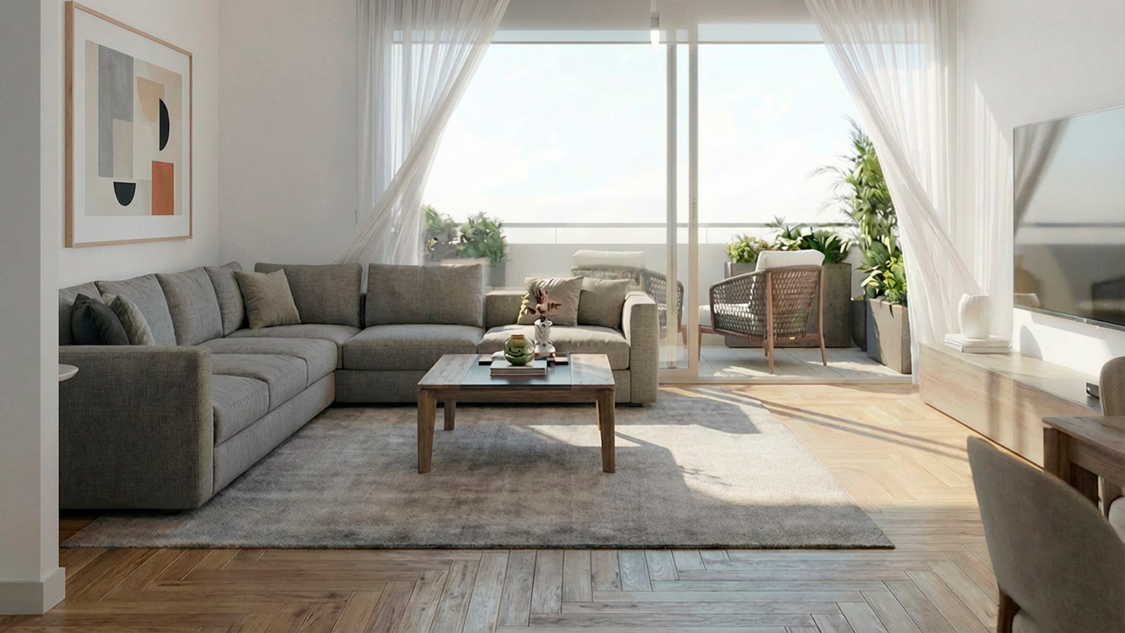 Render 3D de zona de comedor abierta